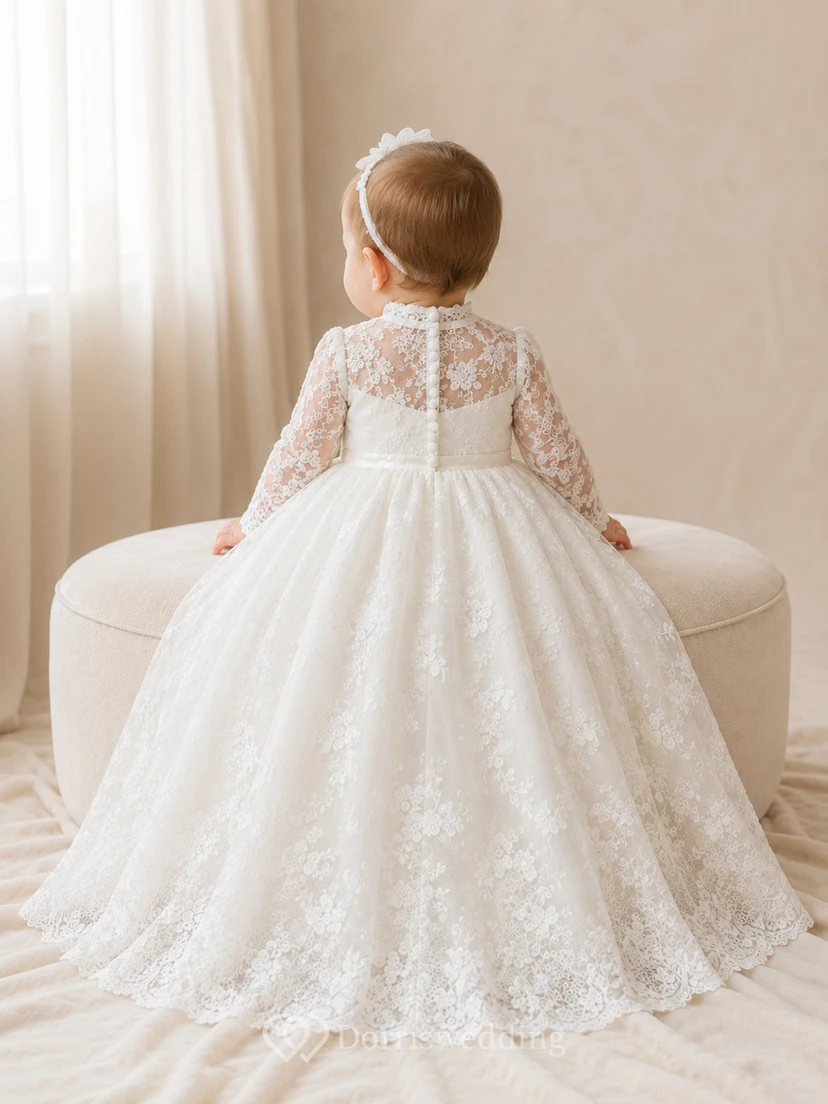 High Neck Christening Gown A-Line Lace Tulle Long Sleeve Button Back view 2