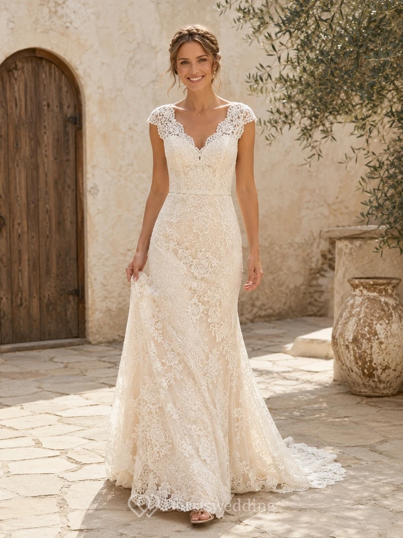Vestido de novia estilo sirena con mangas cortas, encaje festoneado y cola larga.