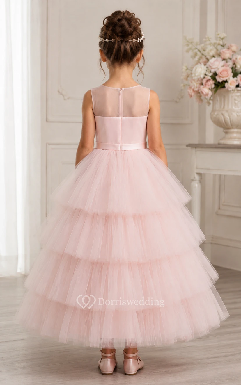 A-line Tea-length Sleeveless Tulle Flower Girl Dress with Pink sleeveless bodice with layered tiered tulle view 2