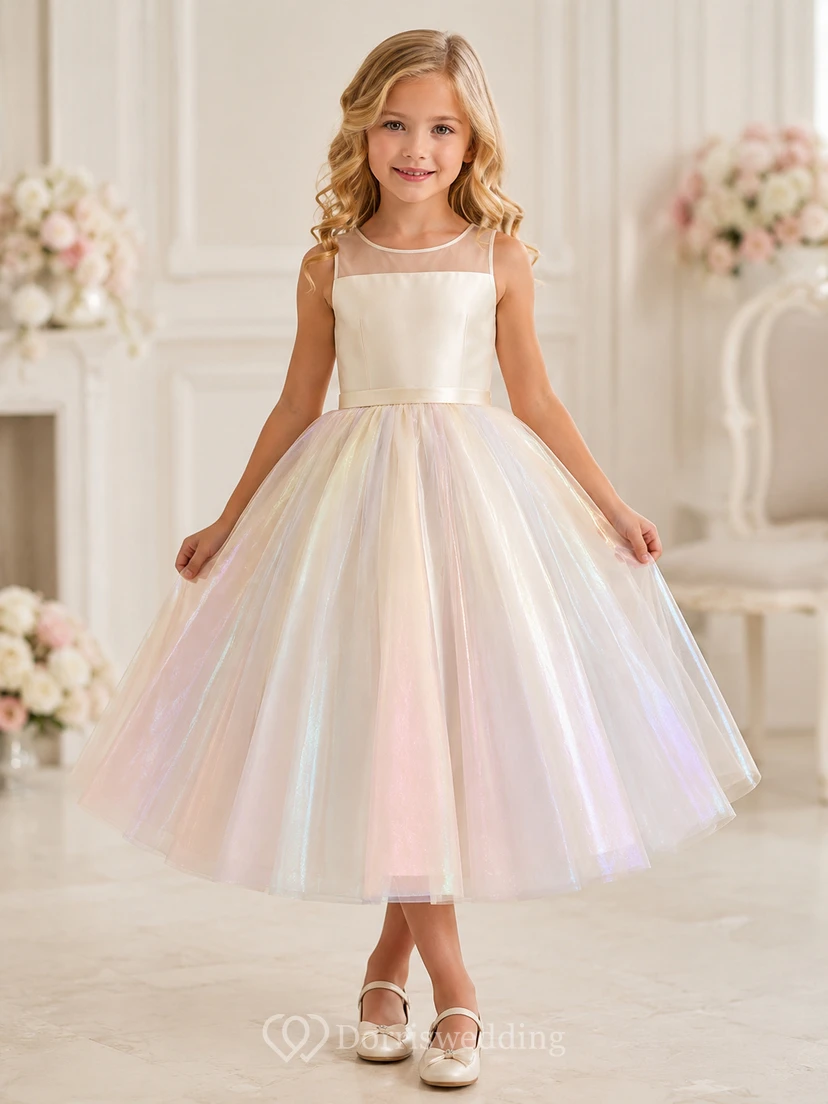 Vestido de niña de flores romántico de tul opalescente con corte en A, sin mangas, escote cuadrado y falda iridiscente hasta la rodilla.