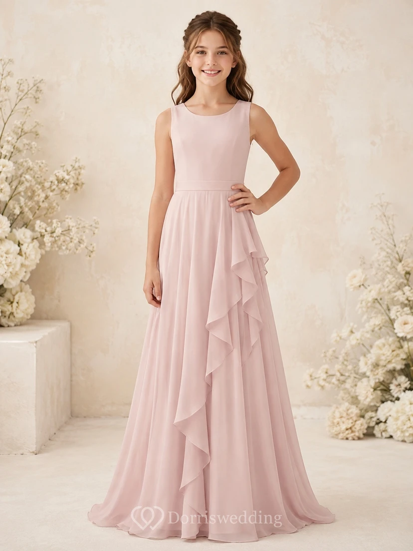 Romantisches, rosafarbenes Brautjungfernkleid im A-Linien-Stil mit Schmucksteinen, ärmellos, aus Chiffon mit fließenden Rüschen