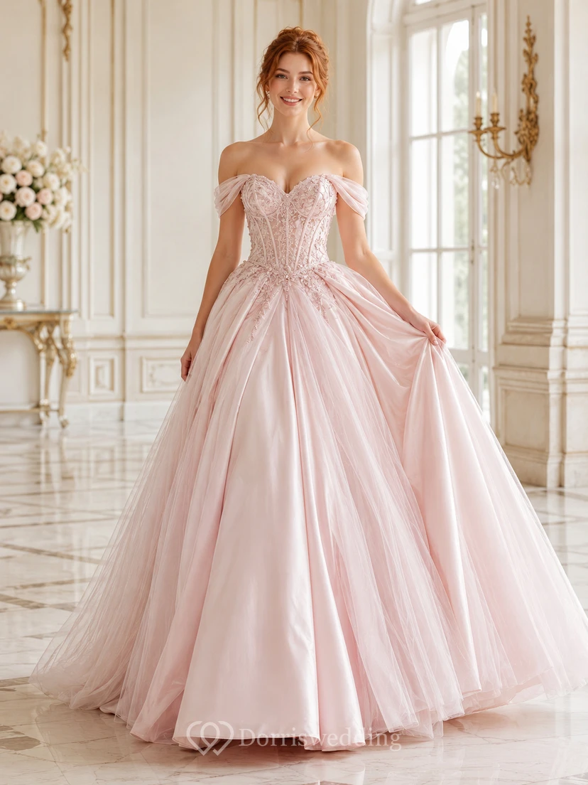 Vestido de novia de gala de satén rosa palo con corsé floral y hombros descubiertos para capilla