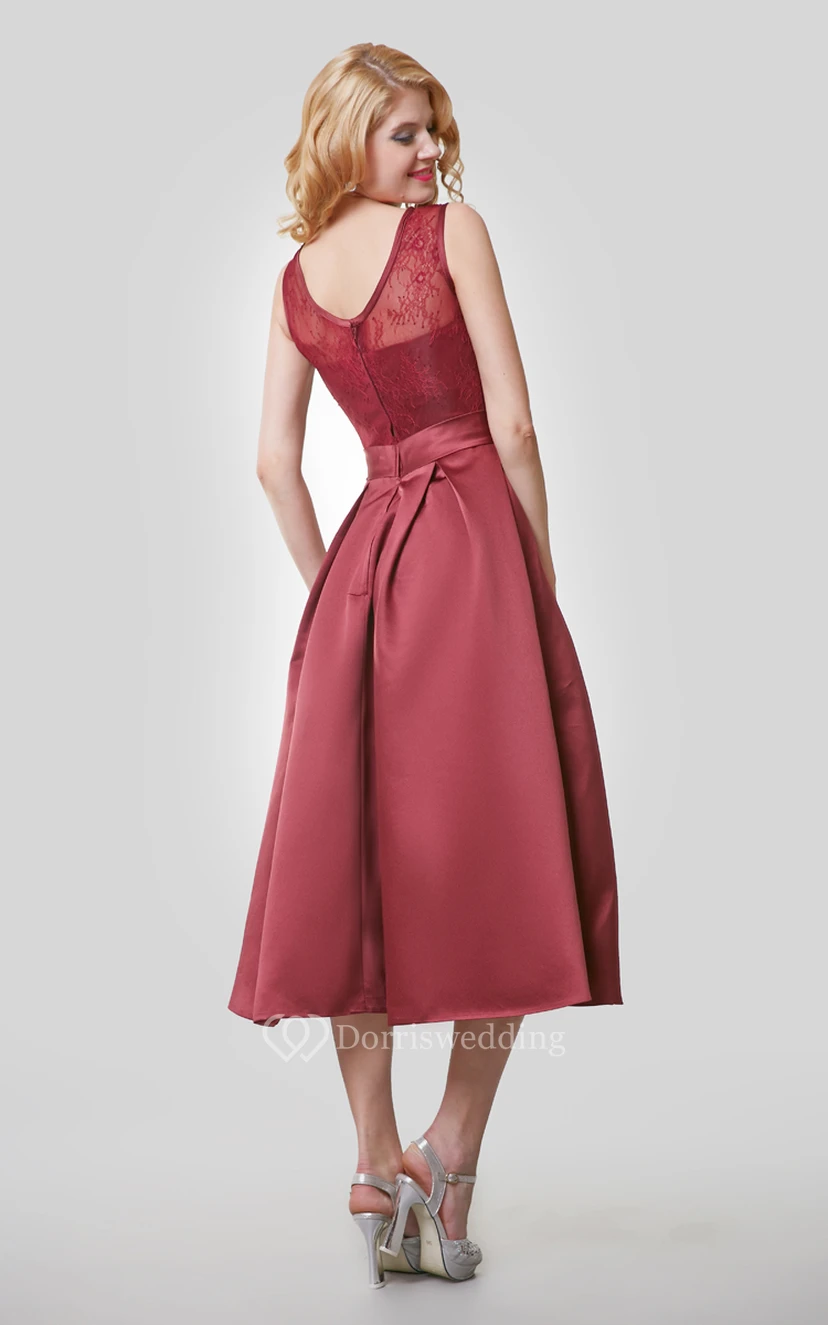 Tea Length A-Line Satin Dress With Lace Bodice and Scoop Neck view 4