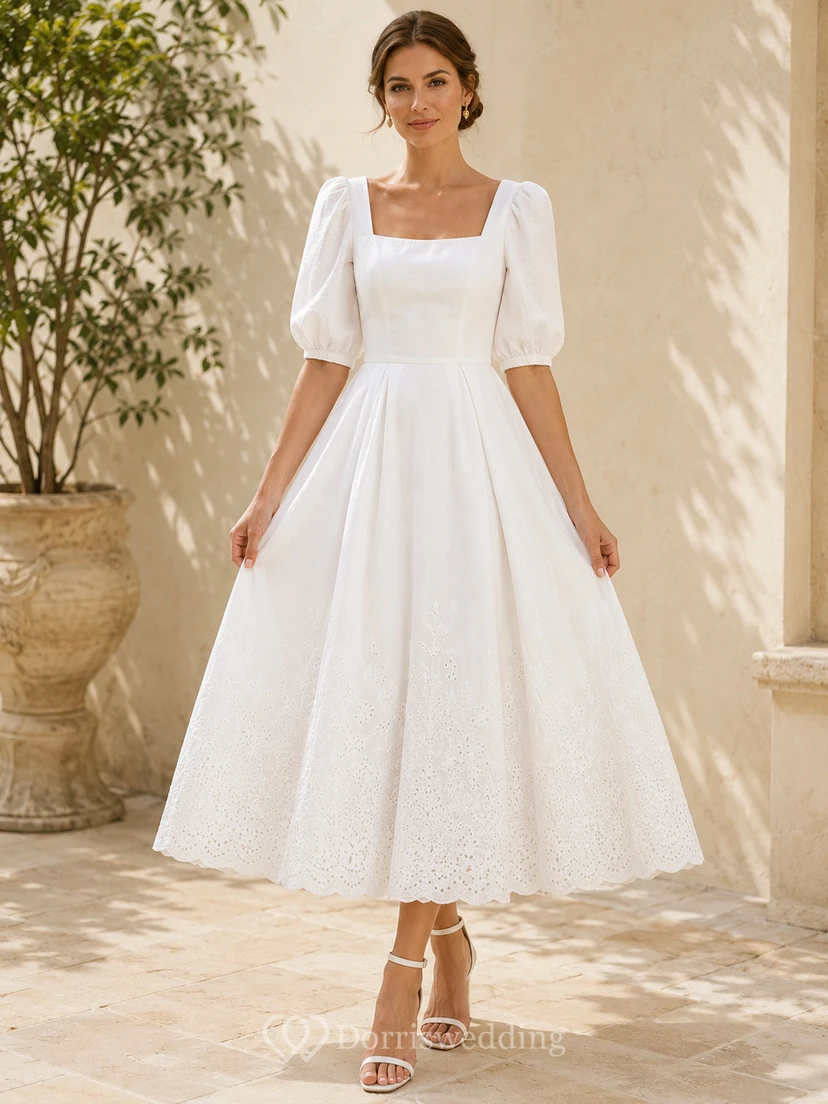 Vestido de novia romántico de encaje con escote cuadrado y mangas abullonadas hasta la rodilla