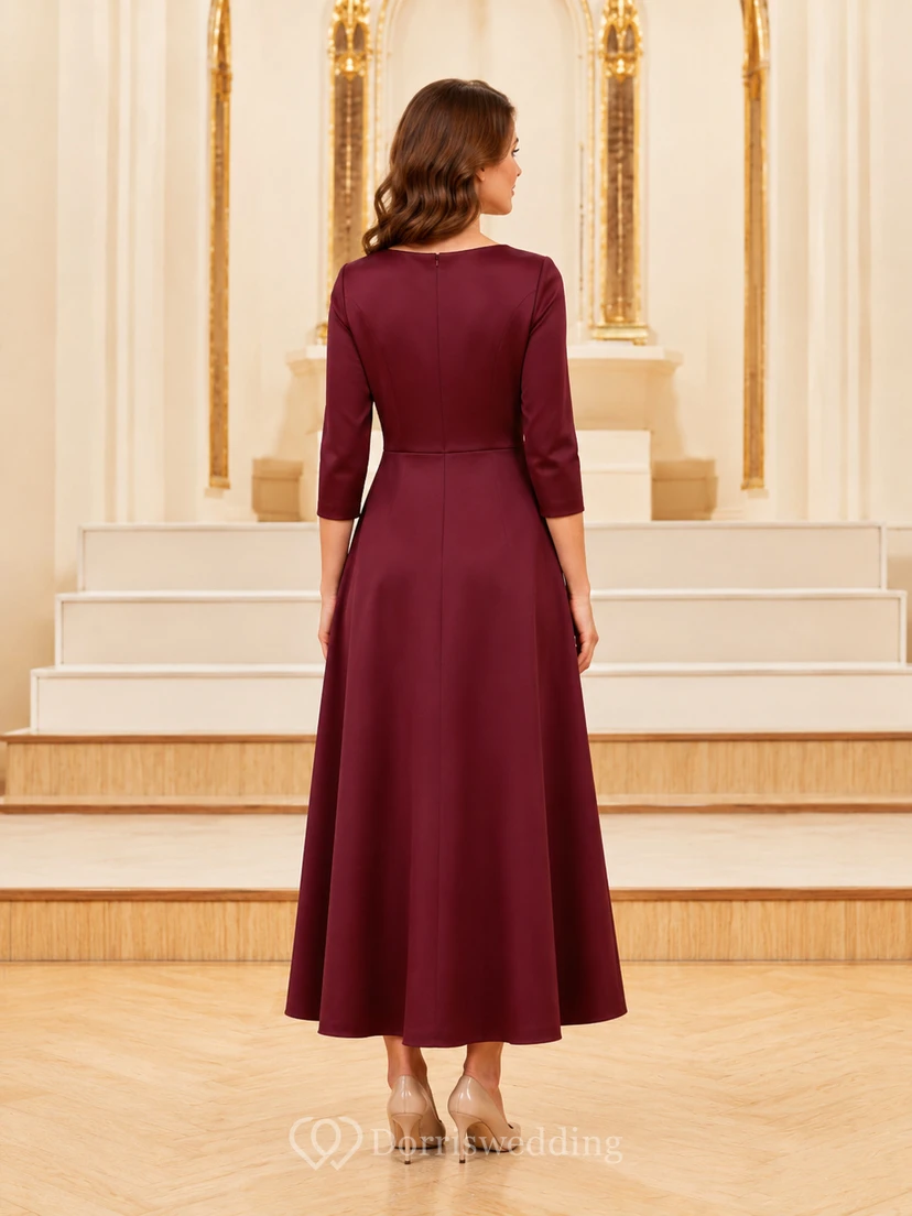 Robe midi bordeaux à manches bateau trois-quarts, style modeste. view 2
