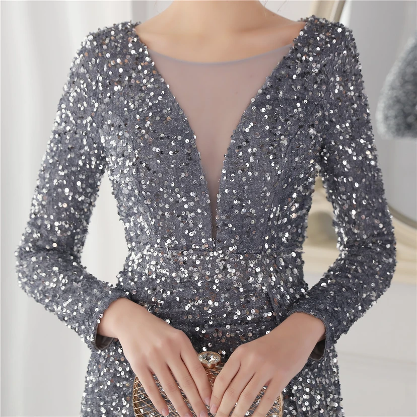 Elegantes, langes Paillettenkleid mit langen Ärmeln und Meerjungfrauenschnitt – ein Abendkleid im Aura-Queen-Stil für festliche Anlässe. view 36