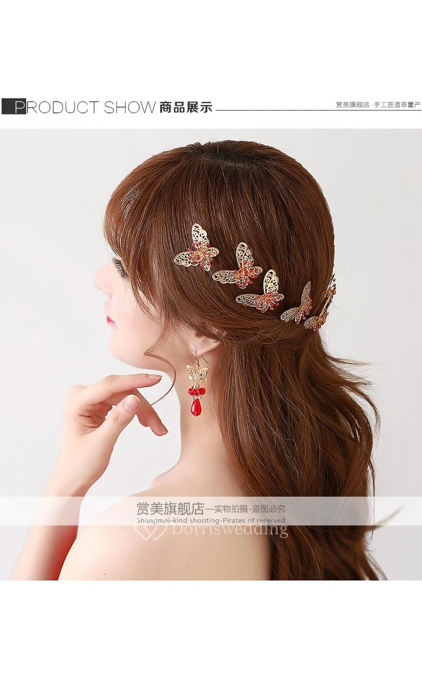 Braut-Kopfschmuck in Rot, Haarschmuck für chinesisches Cheongsam, Hochzeitsaccessoires, Tellerhaarnadel, U-förmige Haarspange view 4
