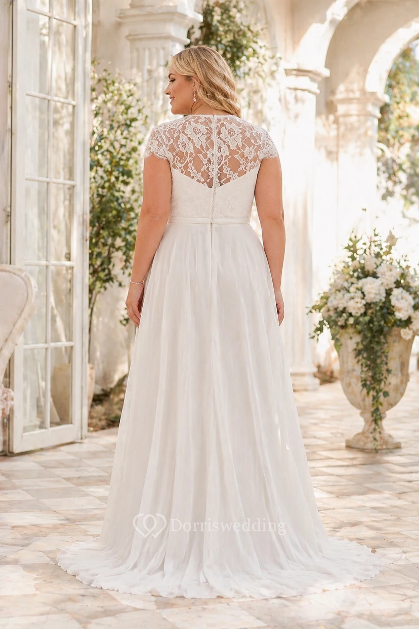 A-Linien-Kleid aus Chiffon mit bodenlangem V-Ausschnitt, kurzen Ärmeln, Schleppe und Illusionsspitze – perfekt für die Erneuerung des Eheversprechens. view 2
