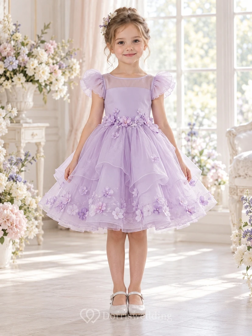 Lavender Flutter Sleeve Floral Tiered Knee-length Organza Flower Girl Dress