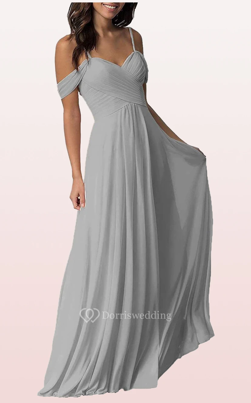 Off-the-shoulder A Line Sleeveless Floor-length Chiffon Bridesmaid Dress With Ruching view 2