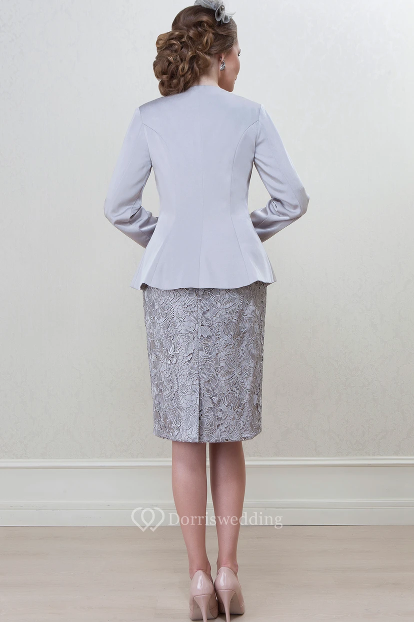 Bleistiftförmiges, knielanges, langärmeliges Kleid mit U-Boot-Ausschnitt und Applikationen aus Satin – das perfekte Kleid für die Mutter der Braut view 2