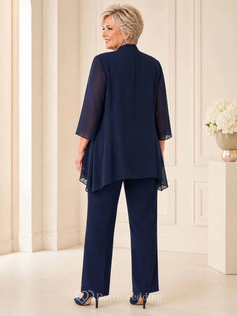 Dunkelblauer, luxuriöser Chiffon-Hosenanzug in Übergröße für die Mutter der Braut mit Paillettenoberteil und langem Blazer view 2