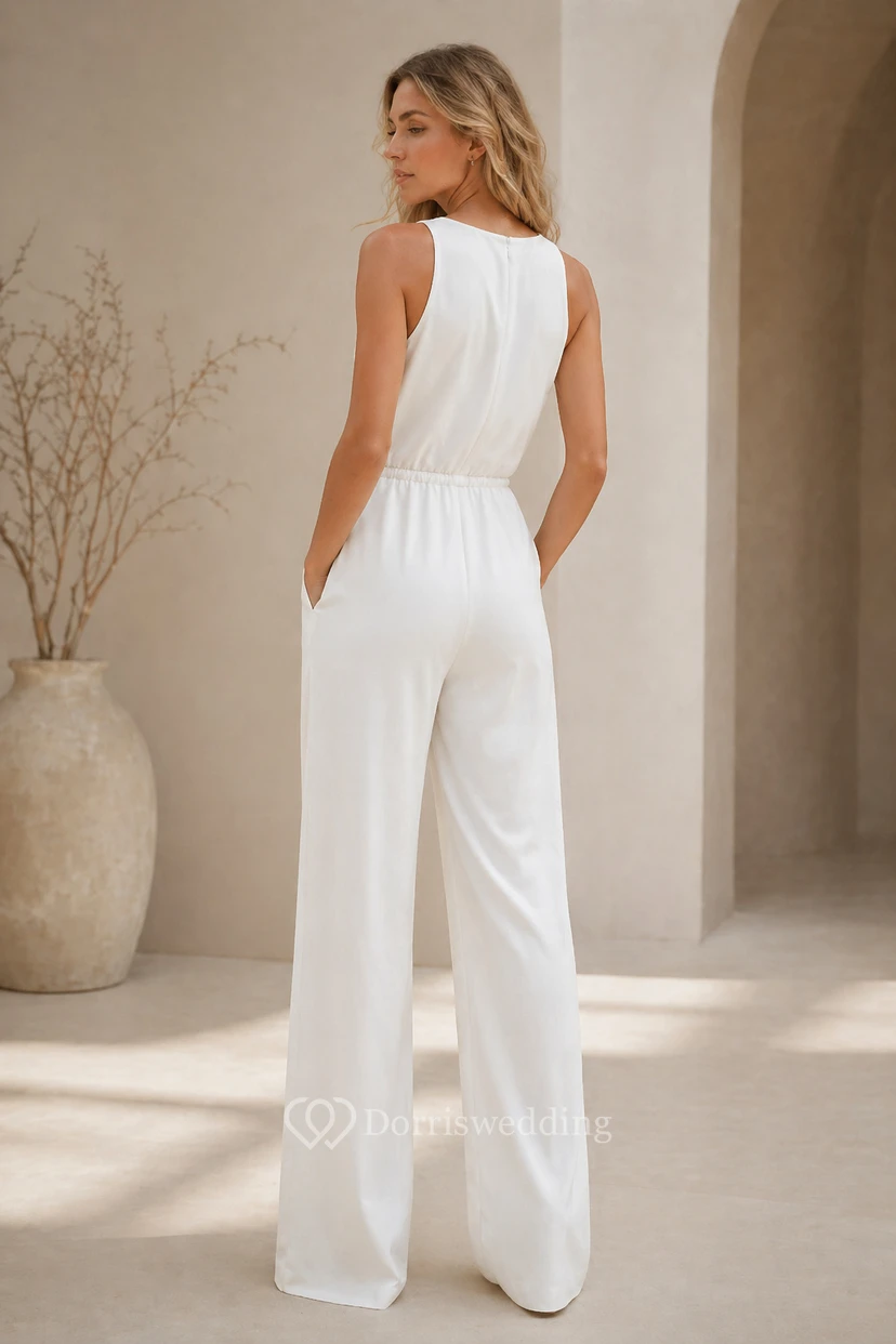 Hochzeitsjumpsuit mit V-Ausschnitt, Falten in der Taille und weitem Bein view 2