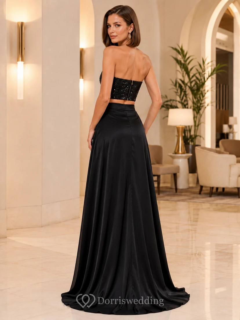 Glamouröses schwarzes Pailletten-Abendkleid, zweiteilig, A-Linie, bodenlang, trägerlos, mit Schlitz view 2