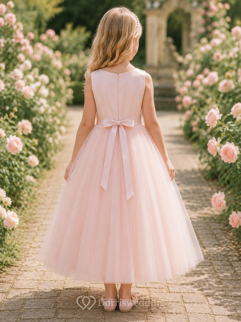 Flower Girl Dress Blush Tulle A-Line Jewel Neck Tea Length Bow Detail view 2