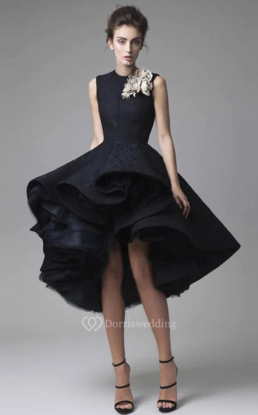 Vestido de cóctel/boda/fiesta negro formal gótico asimétrico con volantes y múltiples capas y escote joya view 8