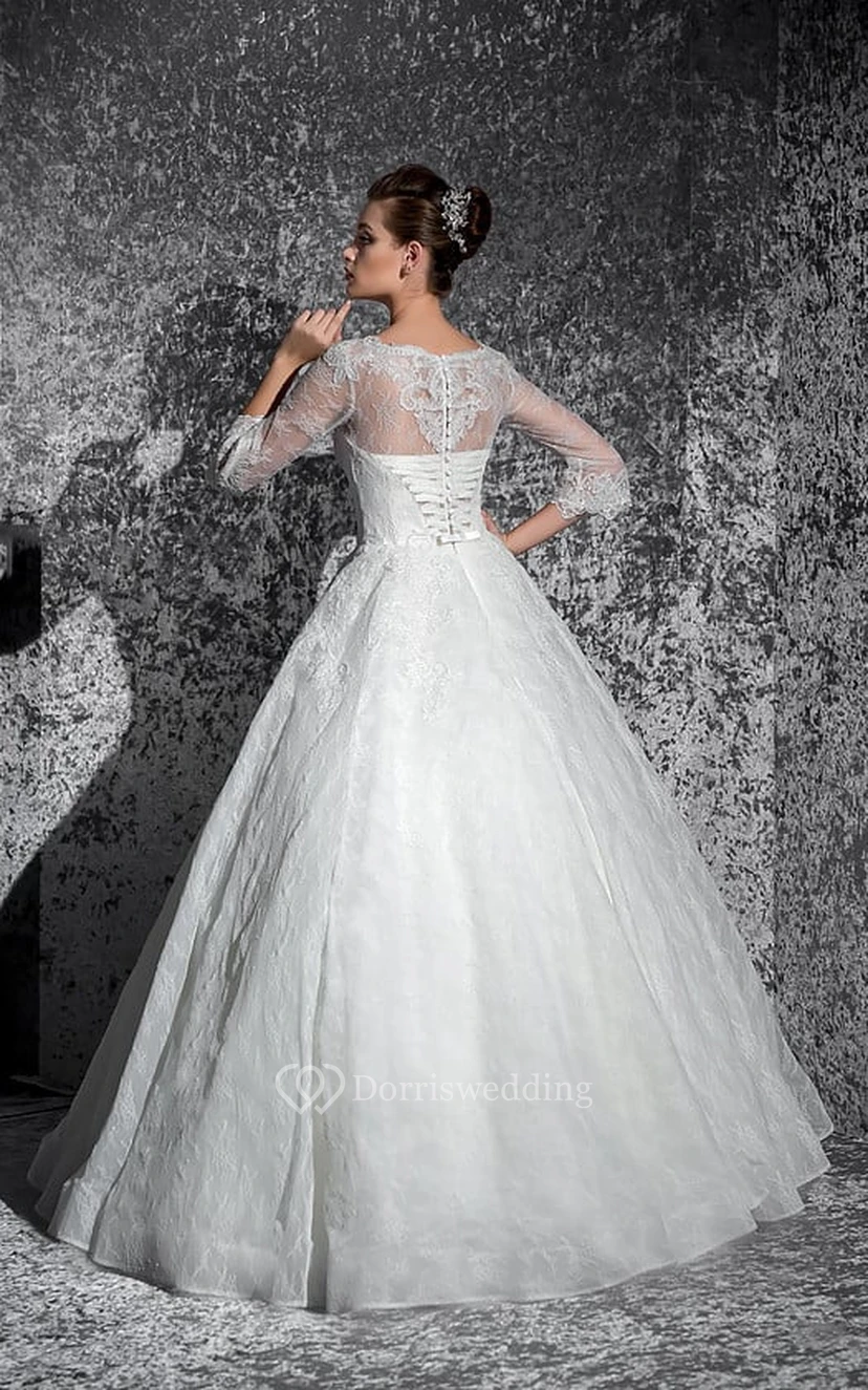 Ball Gown Maxi Bateau Puff-Sleeve Illusion Lace Dress With Appliques view 2