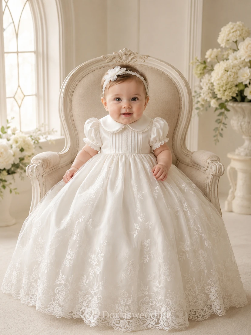 Baby Baptism Christening Ceremony Gown A-Line Floor-Length Scoop Neck Puff Sleeve Tulle Lace Button Back