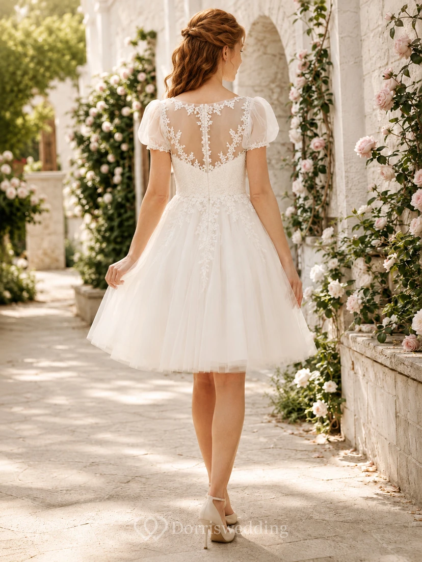 Short Romantic Jewel Neck Puff Sleeve Lace Tulle Knee Length A-Line Wedding Dress view 2