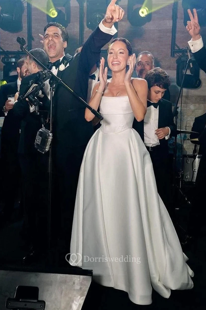 White Strapless Satin Wedding Gown view 3