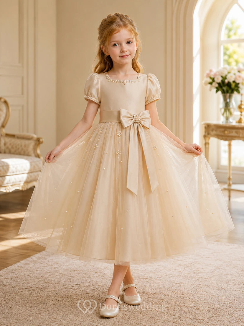 Klassisches A-Linien-Kleid aus Tüll für Blumenmädchen mit Rundhalsausschnitt, wadenlangem Rock und Schleifendetail