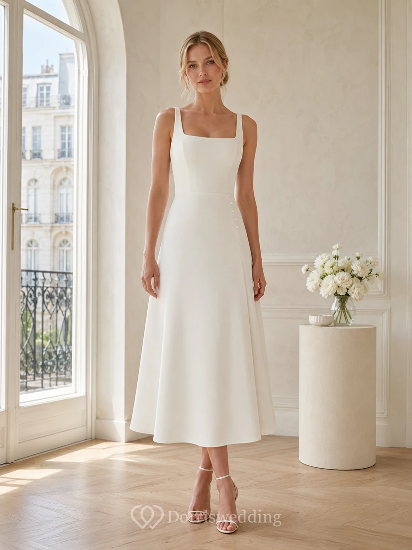 Robe de mariée minimaliste en satin, col carré, sans manches, coupe trapèze, longueur thé, encolure carrée et sans manches