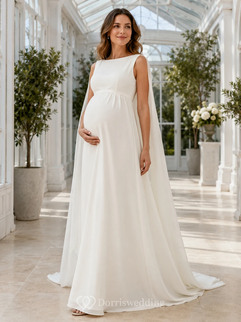 Elegant Maternity A Line Sleeveless Bateau Cape Floor Length Wedding Dress