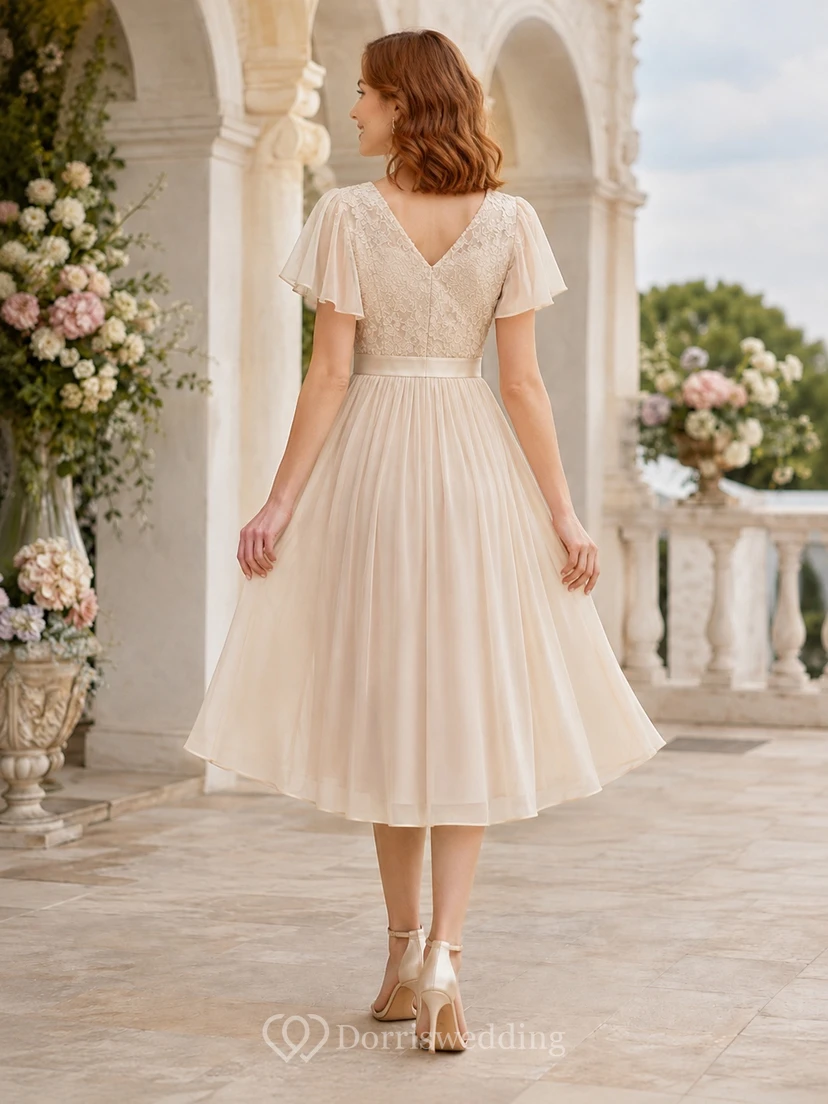 Cream Chiffon Lace V-Neck Cap Sleeve A-Line Tea-Length Romantic Guest Dress view 2