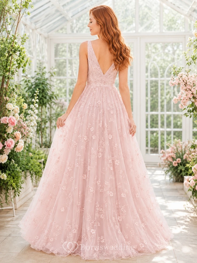 Blushing Pink Lace V-Neck Sleeveless A-Line Floor-length Formal Dress view 2