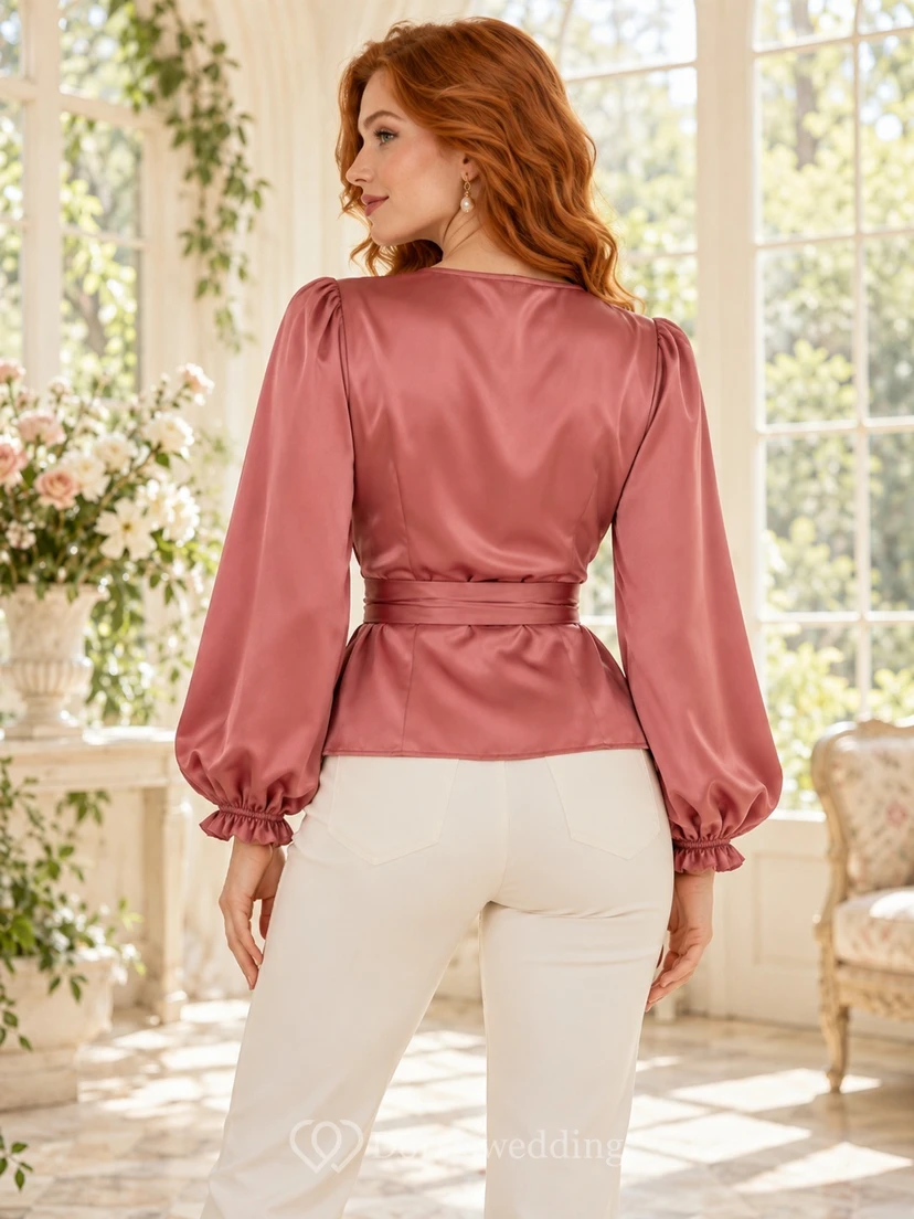 Vintage Dusty Rose V-Neck Long Sleeve Satin Wrap Tie Blouse view 2