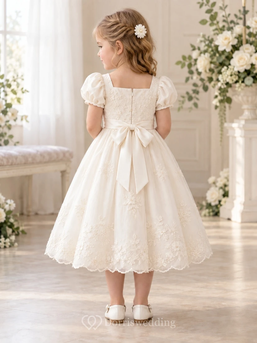 Teelanges, eckiges Ausschnitt-Kleid in Elfenbein mit A-Linien-Schnitt, floraler Spitze, Puffärmeln und Muschelsaum für Blumenmädchen view 2