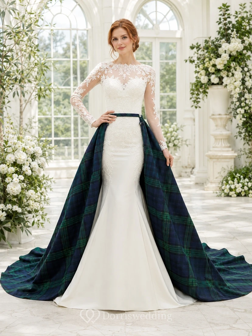 Schottisches Clan-Tartan-Hochzeitskleid im Meerjungfrauenstil mit abnehmbarem Rock, langen Ärmeln, hohem Kragen und Spitze