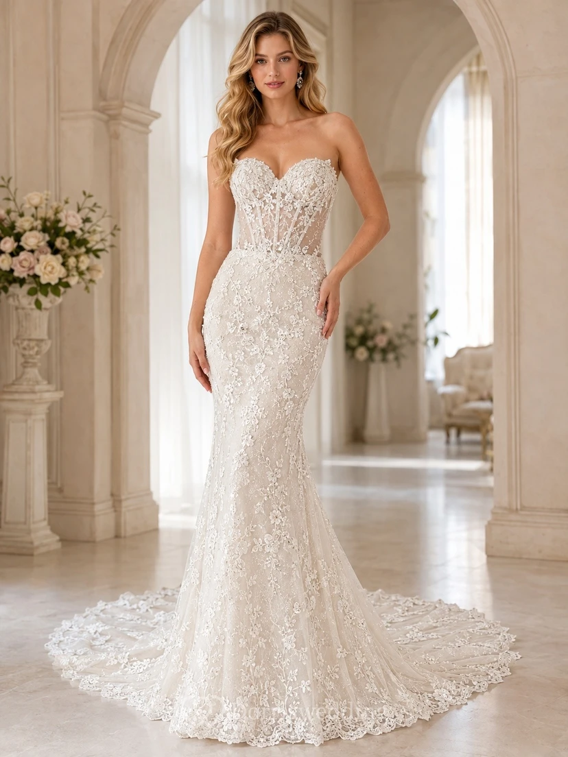 Mermaid High Neck Lace pearl Elegant Bridal Wedding Dress