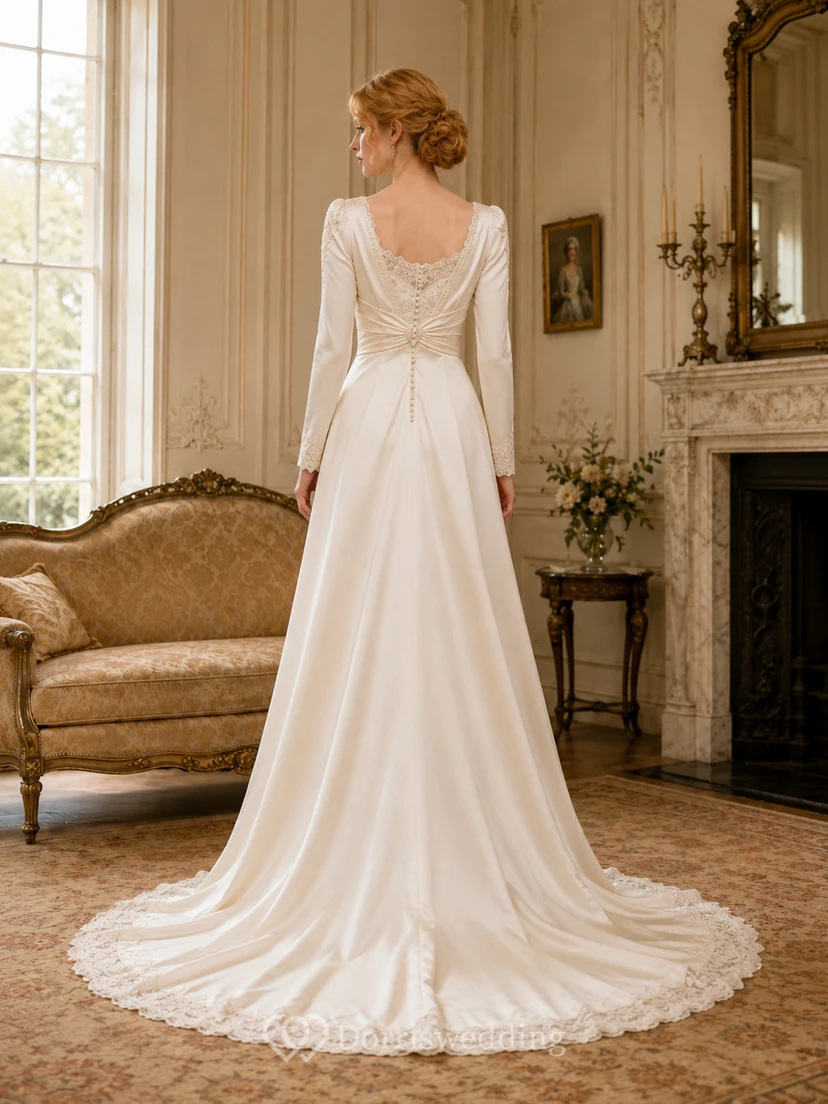 Robe de mariée édouardienne à col carré, manches longues en satin, plissée, coupe trapèze et traîne chapelle view 2