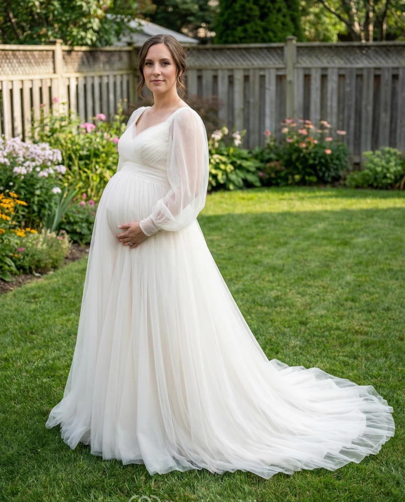 V-Neck Long Sleeve Tulle Maternity Wedding Dress with Flowing Chapel Train