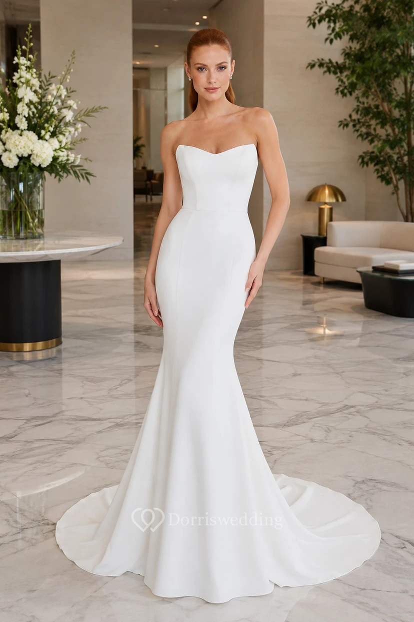 Trägerloses Brautkleid im Meerjungfrauenstil aus Satin mit eleganter Schleppe