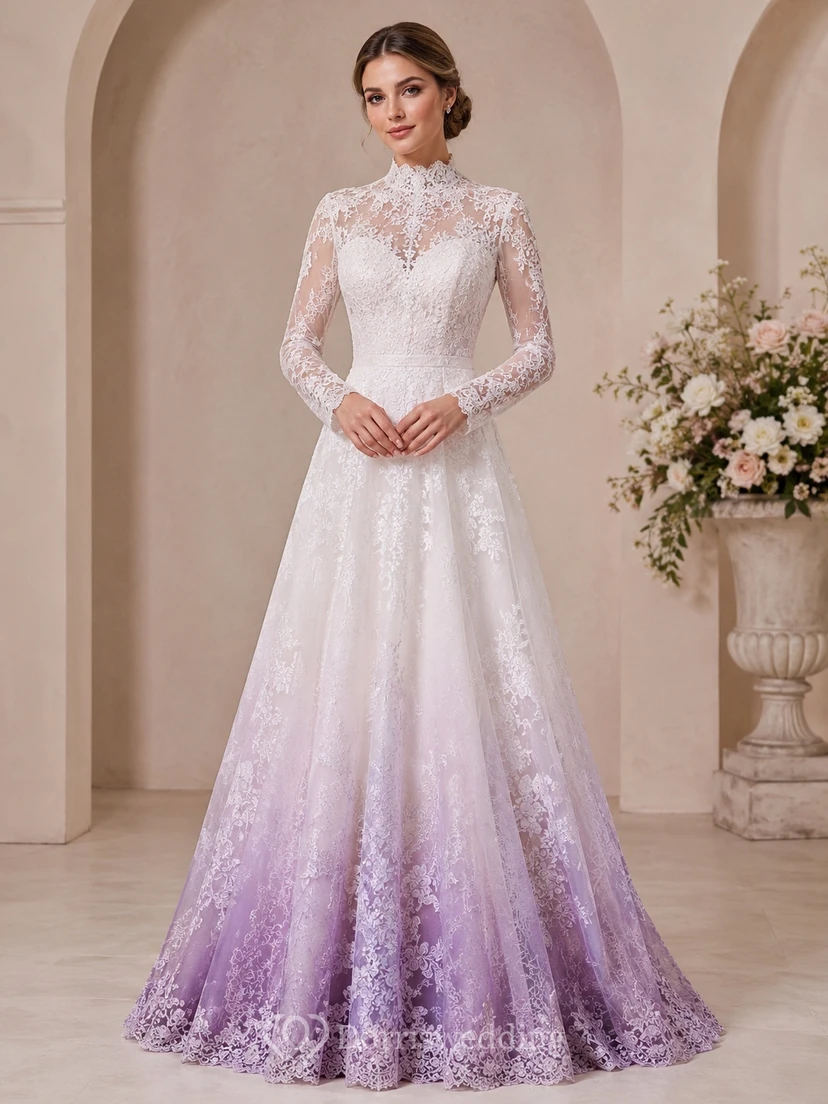 Lavendelfarbenes Ombré-Brautkleid in A-Linie aus Spitze mit hohem Kragen, langen Ärmeln und Kapellenschleppe, schlicht und elegant