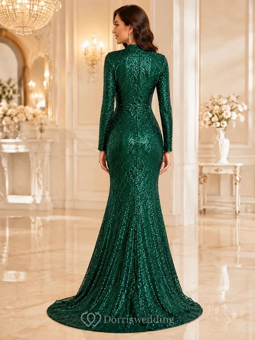 Emerald Sequin High Neck Long Sleeve A-Line Sweep Train Formal Gown view 2