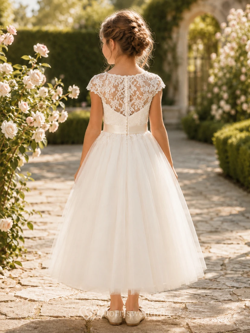 Tüll-Blumenmädchenkleid mit Puffärmeln view 2