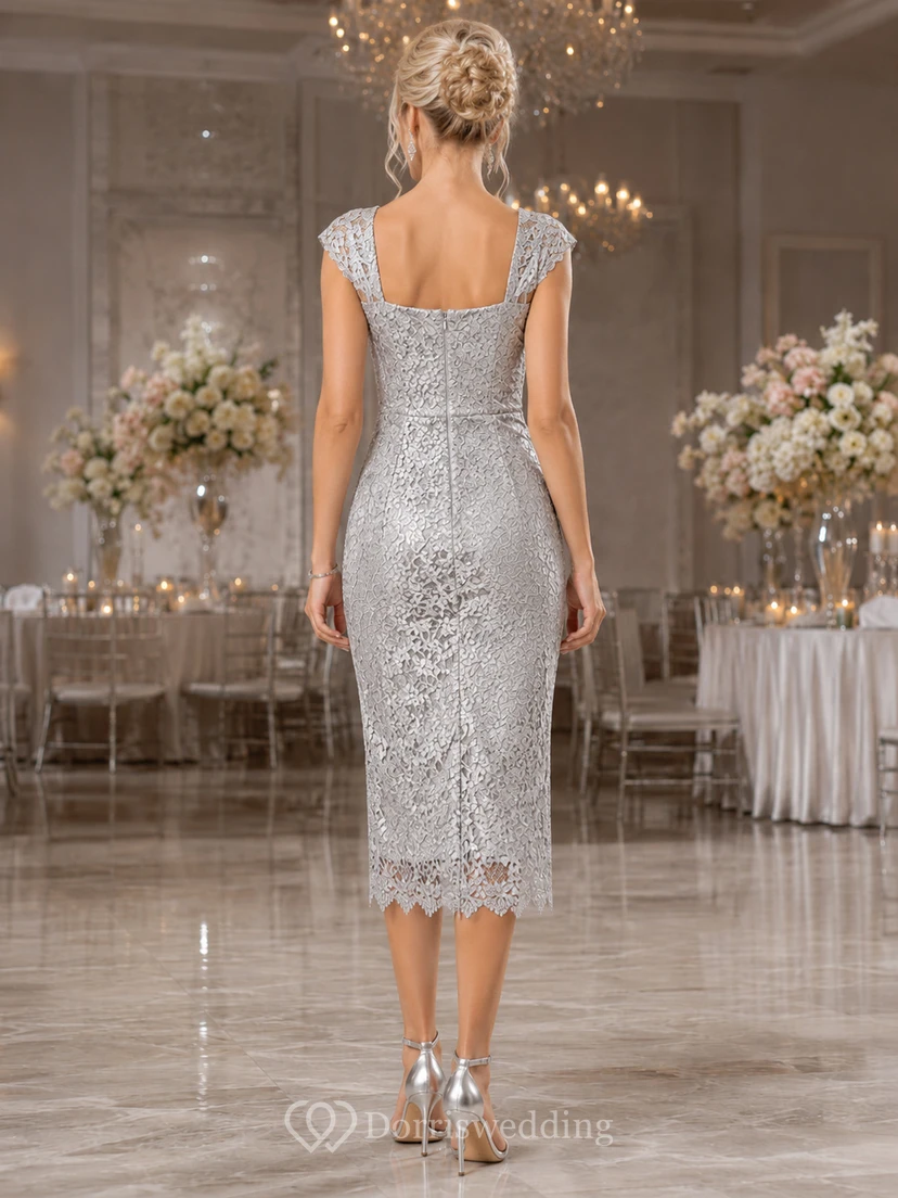 Vestido midi ajustado de corte recto con tirantes de encaje plateado, ideal para fiestas y eventos. view 2