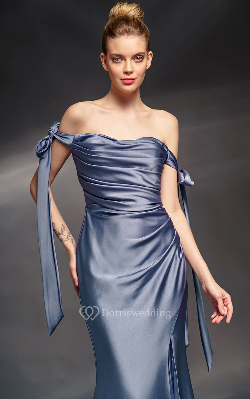 Off-the-shoulder Sweetheart Sheath Front Split Dress with Bows view 3