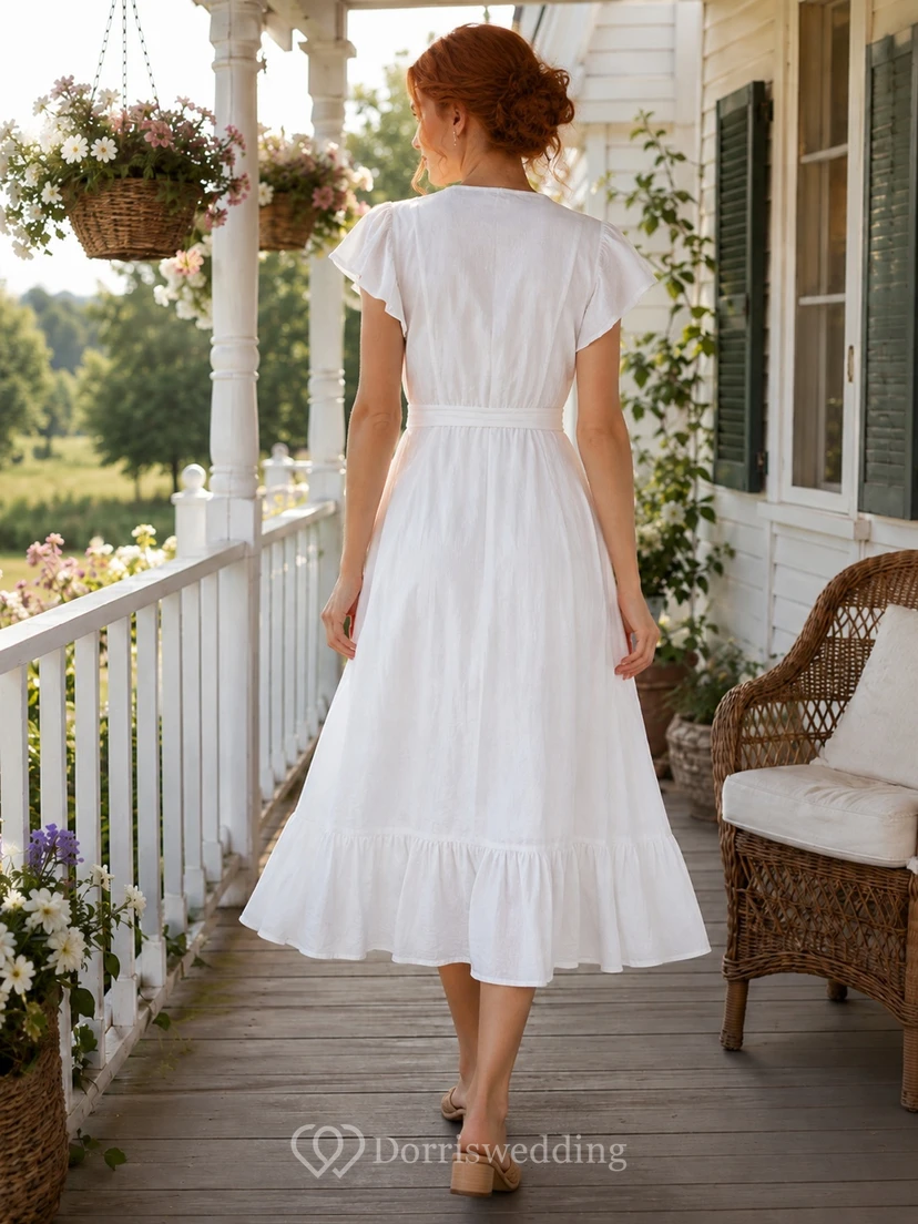 White Cotton V-neck Short Sleeve A-Line Tea-length Vintage Casual Country Garden Ruffled Dress view 2