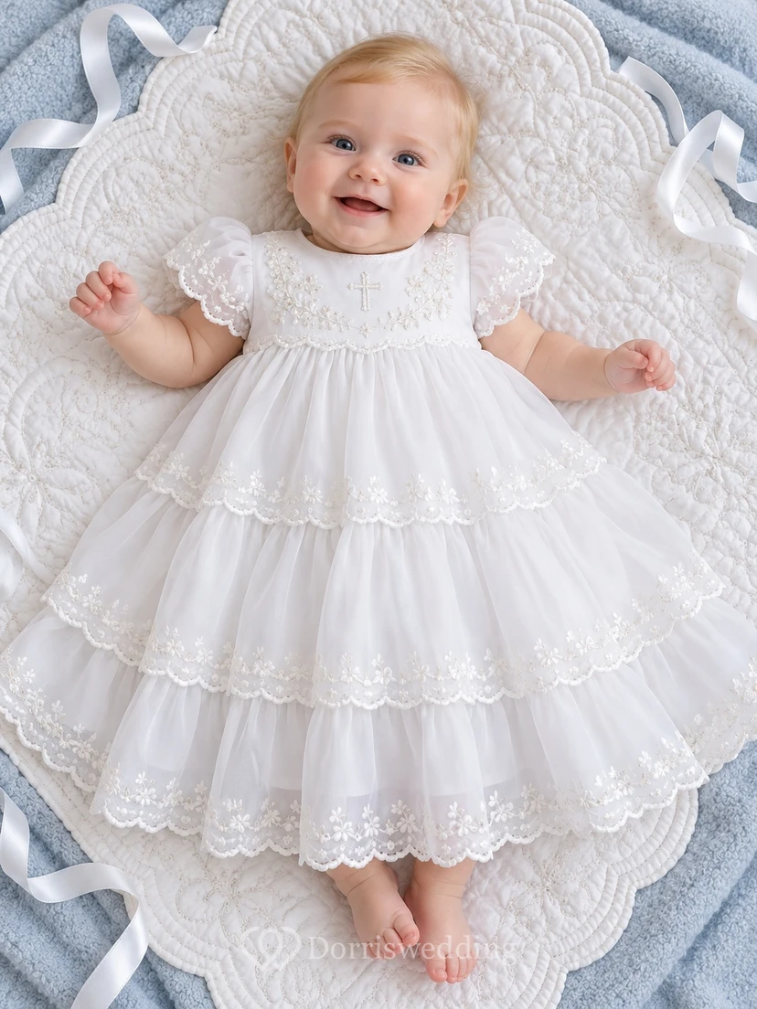 White Floral Embroidered Lace Cap Three Tier Baby Christening Dress