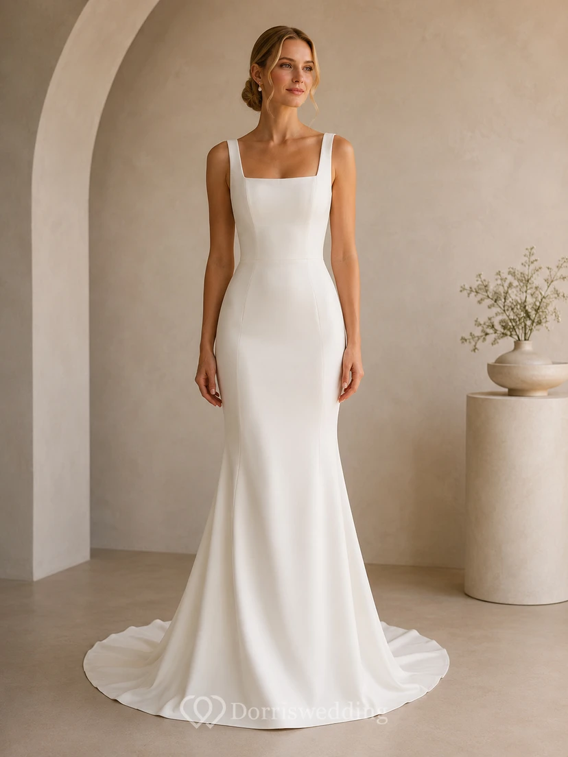 Vestido de novia minimalista de corte sirena con escote cuadrado sencillo en crepé, ideal para estudio.