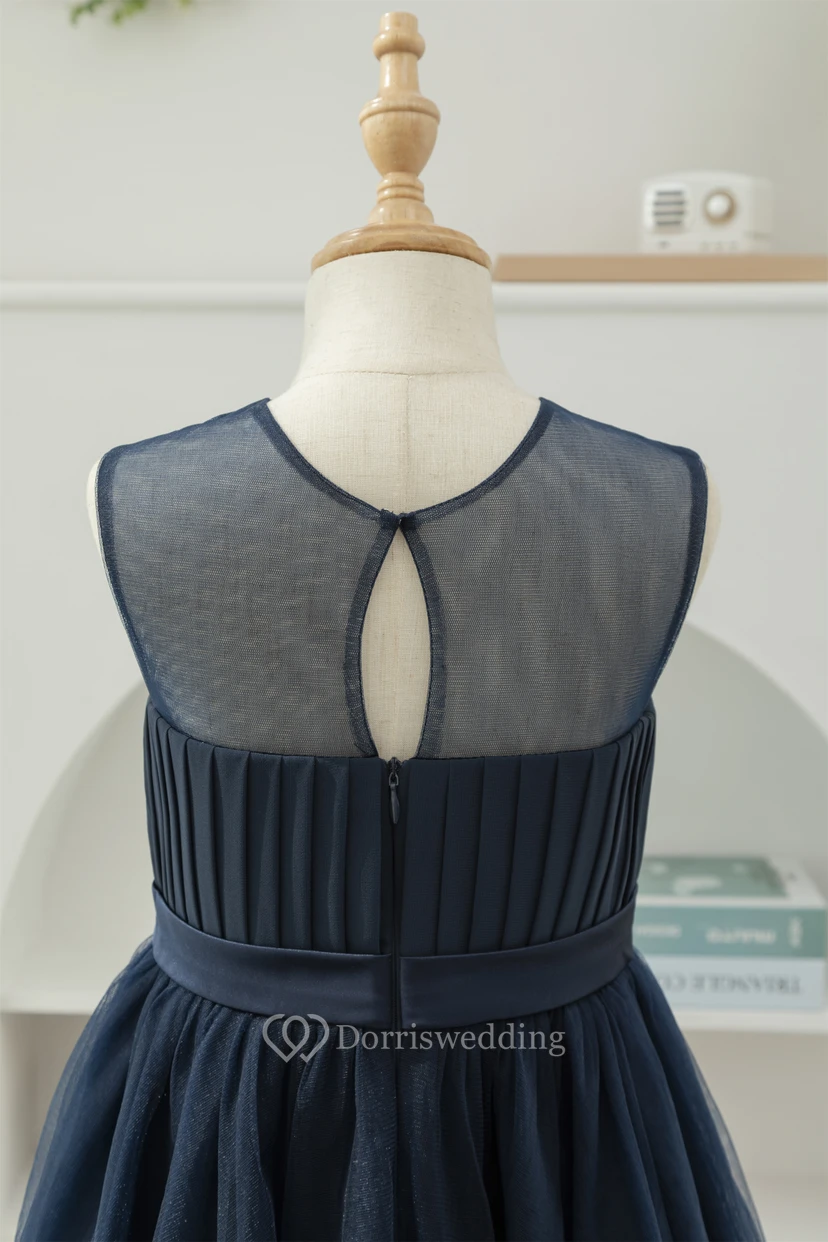 Dark Navy Chiffon Pleated Sleeveless Casual Flowergirl Dress view 8