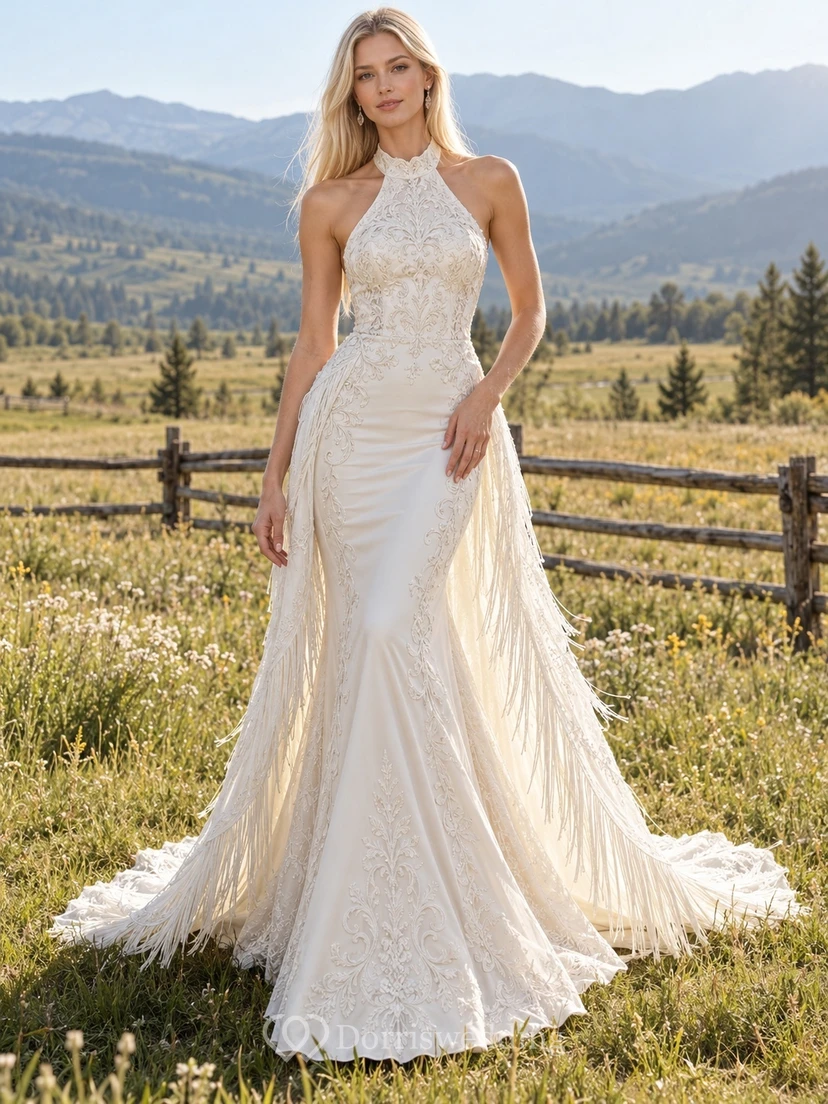 Western Country Halter Mermaid Floral Lace Fringe Train Wedding Dress