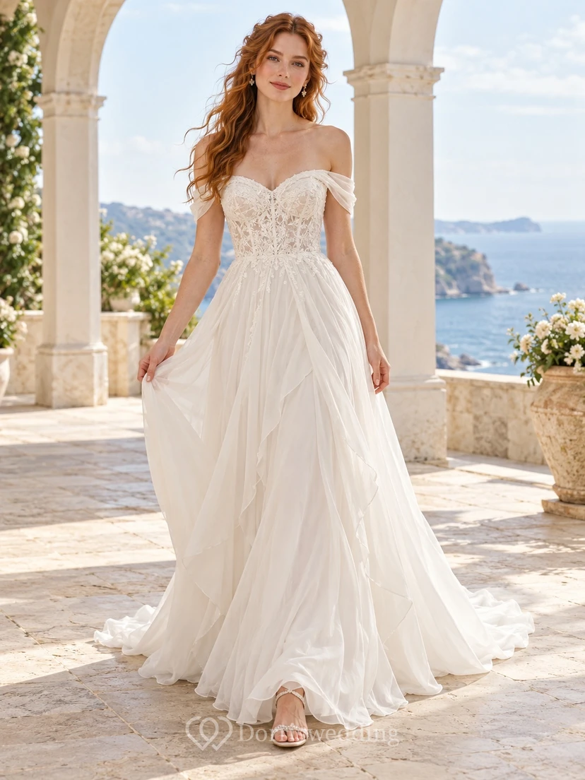 Off Shoulder Sweetheart Lace Chiffon A-Line Bridal Wedding Dress