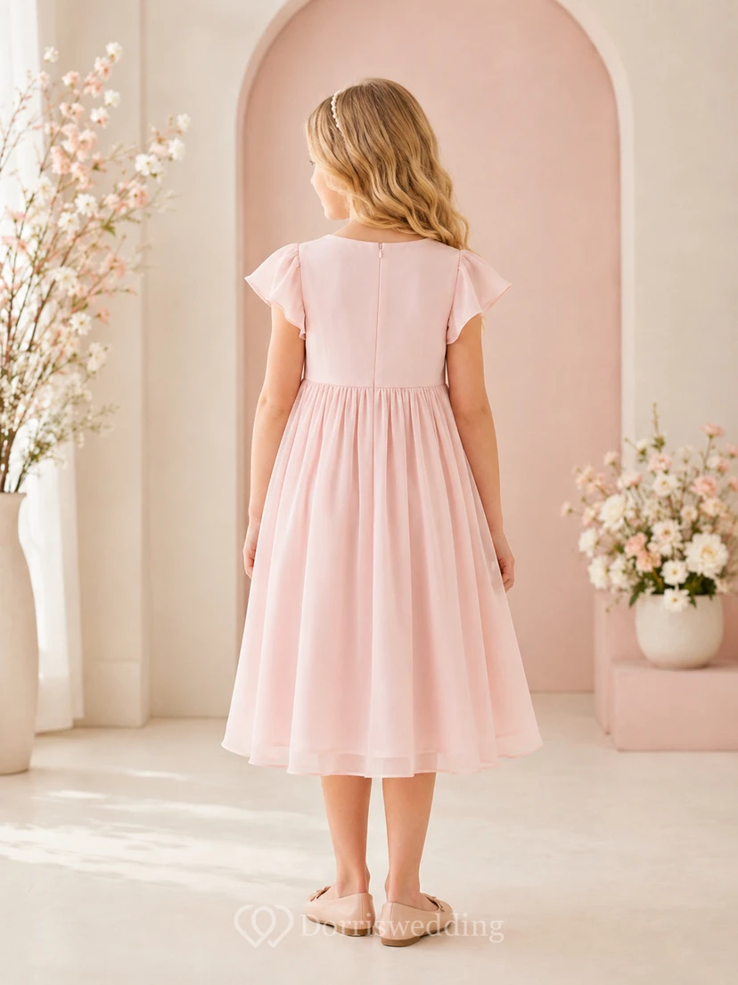 Flower Girl Dress A-Line Blushing Pink Sensory Friendly Soft Jersey Flutter Sleeve Simple view 2
