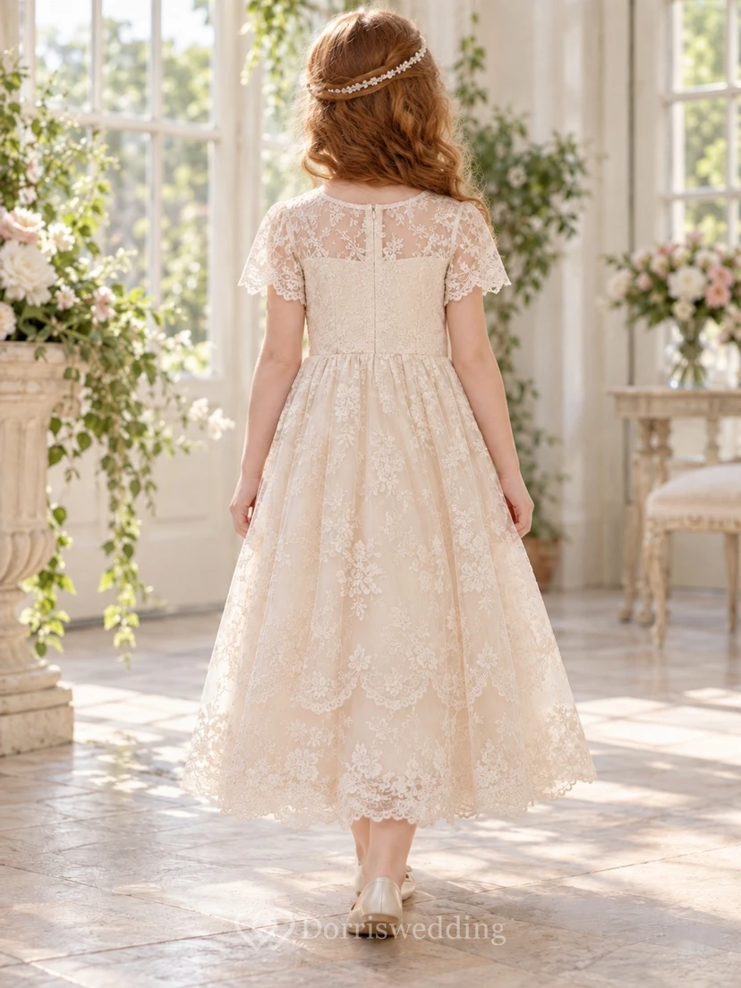 Champagne Floral Jewel Illusion Flutter Sleeve Ankle-length A-Line Gathered Tiered Scalloped Lace Flowergirl Dress view 2