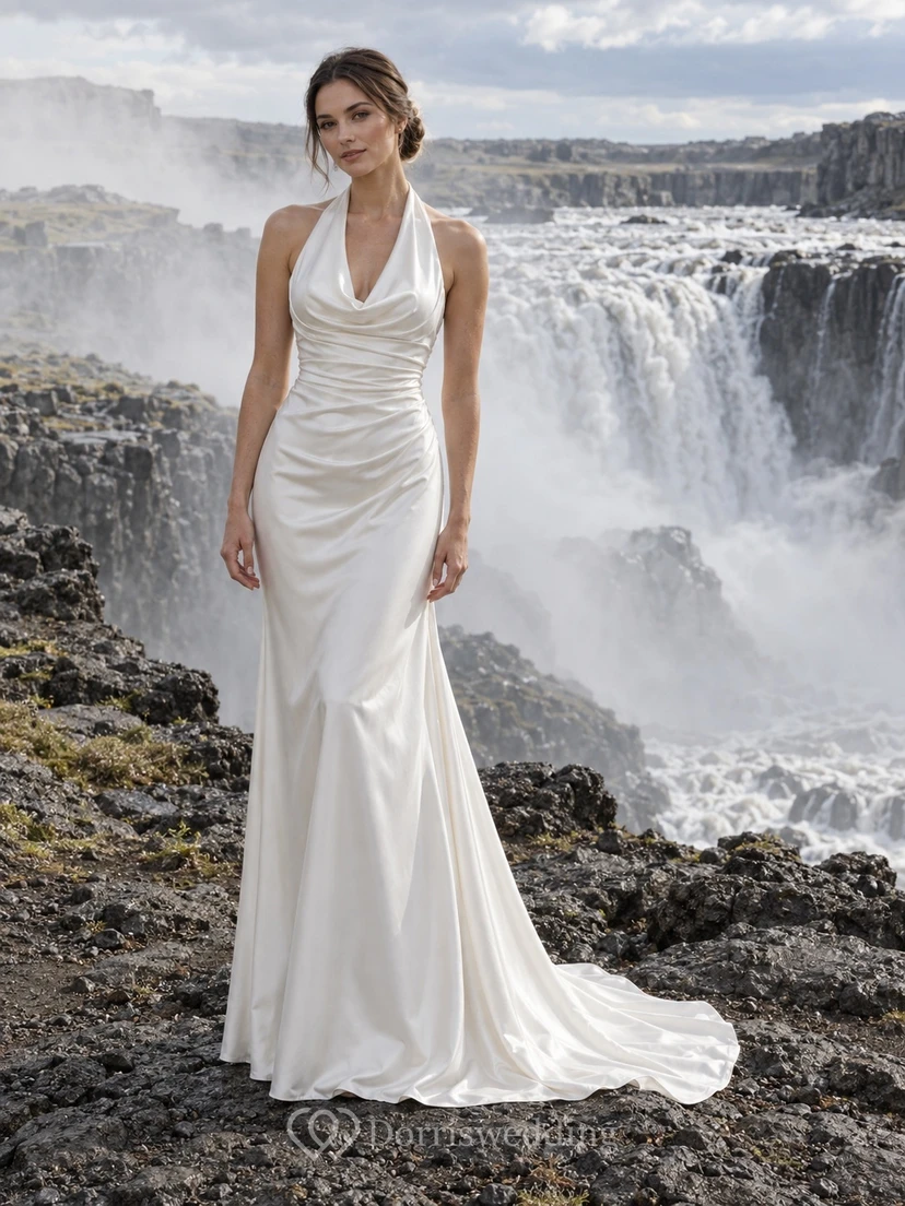 Vestido de novia sencillo de charmeuse con escote halter, cuello drapeado, corpiño fruncido y cola.